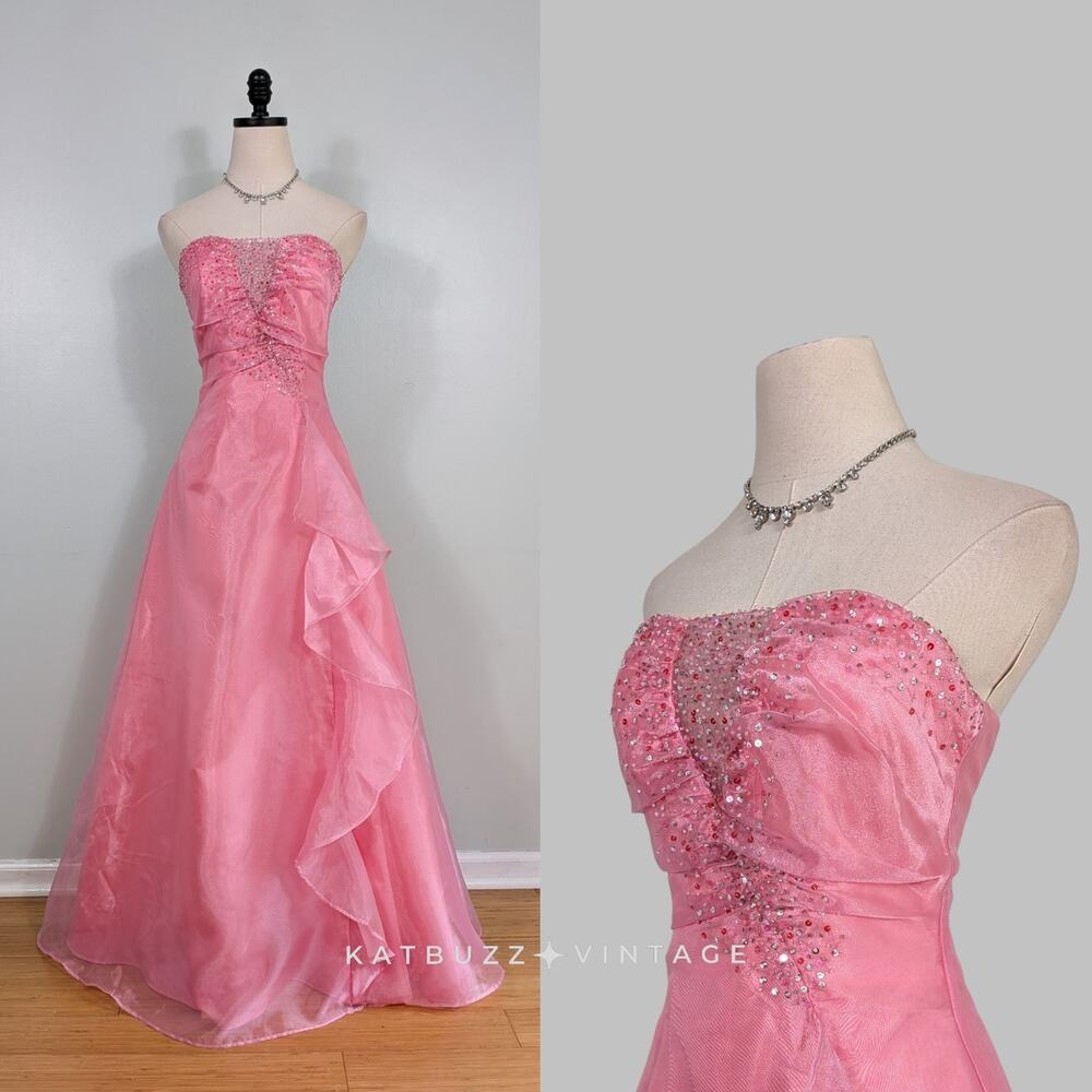 Vintage Prom Dress Maxi Gown 4 Pink Fairy Princess Strapless Ruffle Bead Y2K